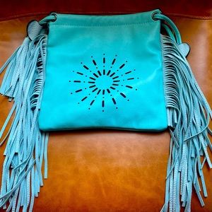 Teal Green Boho Fringe Bag w Removable Crossbody Strap